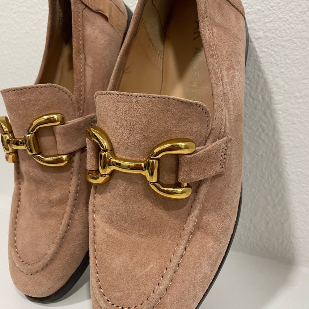 Anne Klein Pink Suede Loafers with Gold Accent